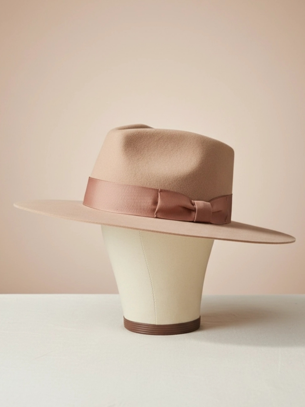 Patina "The Aria" Tan Wool Felt Hat Flat Wide Brim Fadora Grossgrain Ribbin
